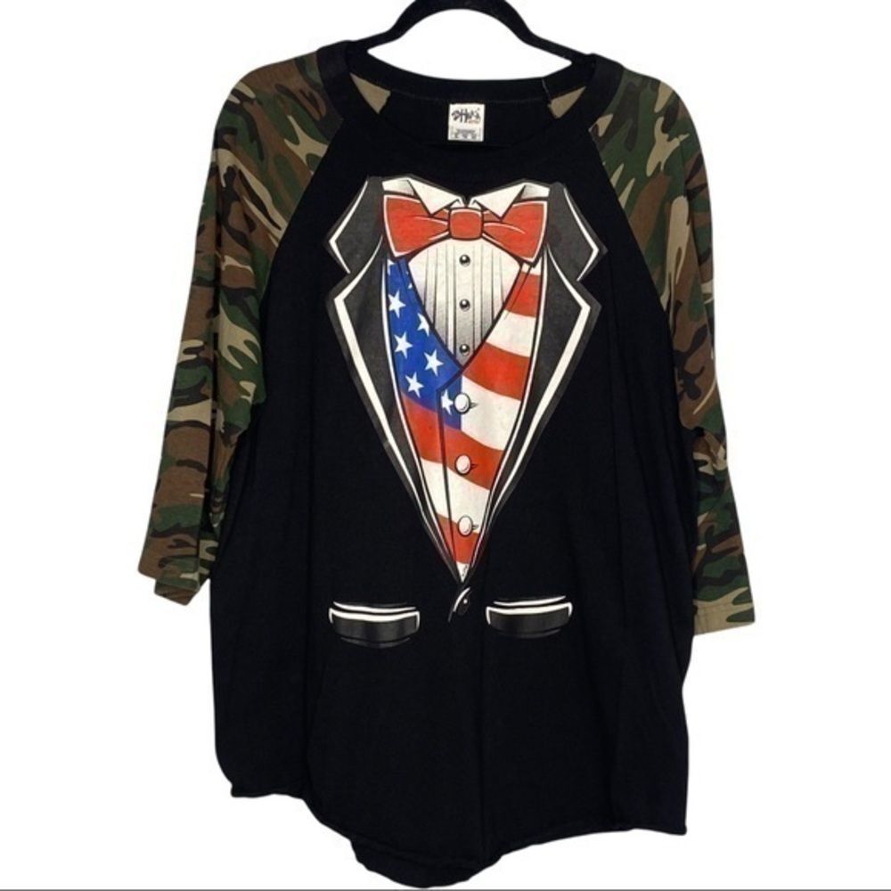 Shaka Patriotic Camo Raglan Tuxedo Graphic Tee 3/4 Sleeve USA Flag XL NEW